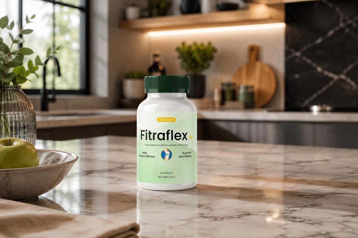 Woman in her kitchen holding a bottle of Fitraflex+